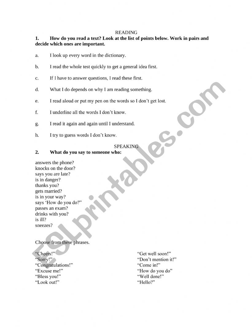 Reading and speaking activities
