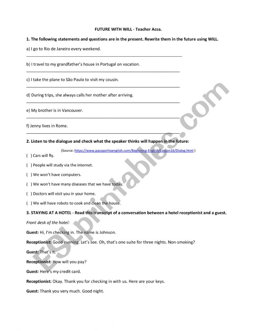 Will / Hotel Facilities worksheet