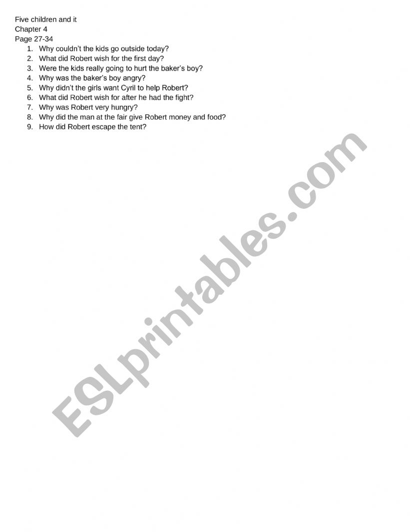 Five Children and It - chapter 4 gist questions classroom worksheet