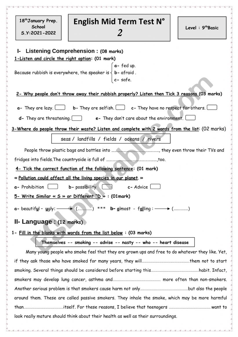 mid term test02-9th form worksheet