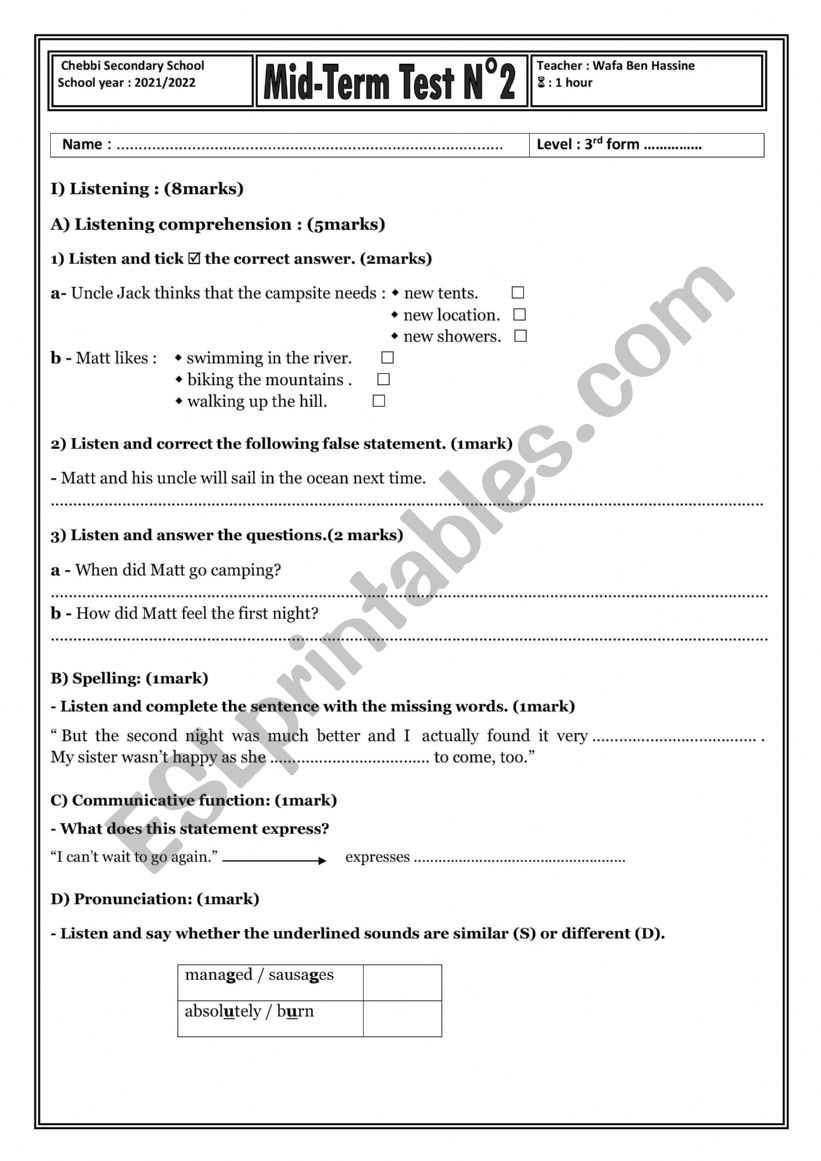 Mid-term test NÂ°2 (third form) - ESL worksheet by wafouta