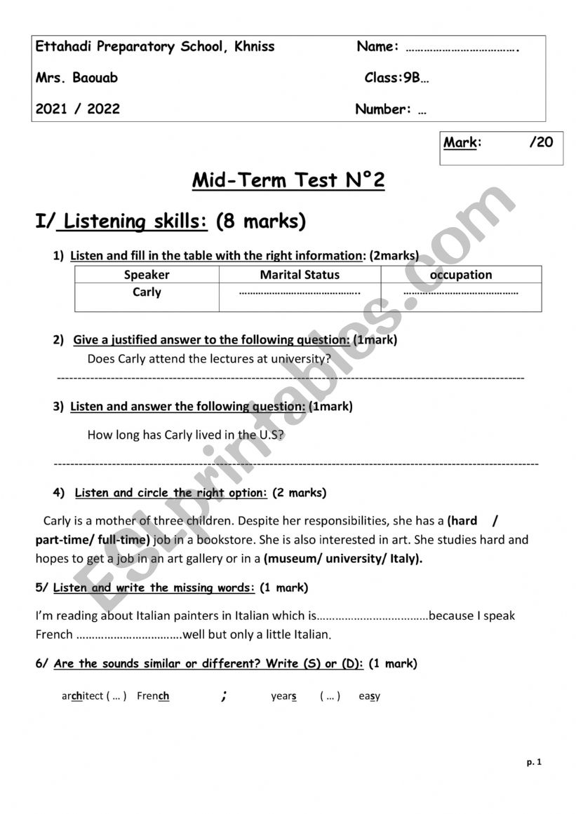 Mid-term2 test 9th grade worksheet