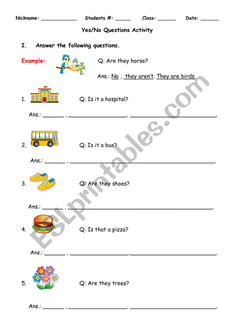 Yes or No Question Activity worksheet