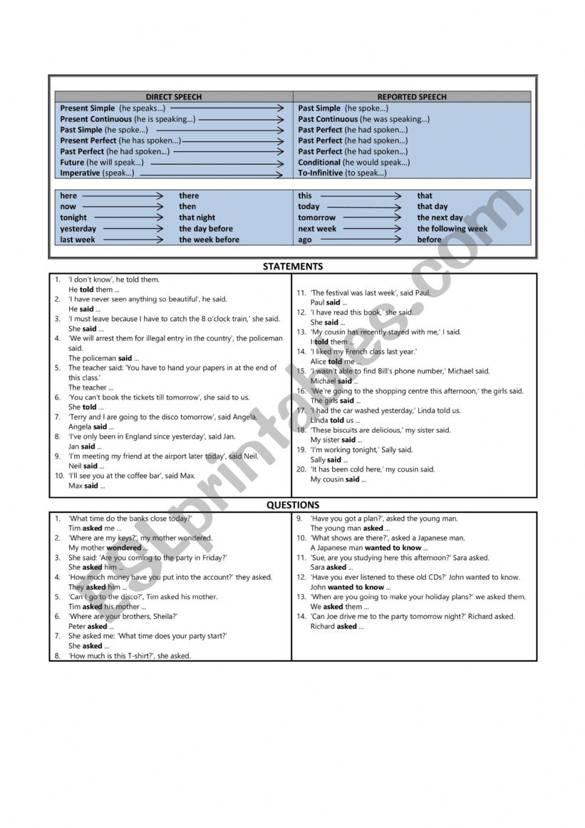 REPORTED SPEECH - statements and questions