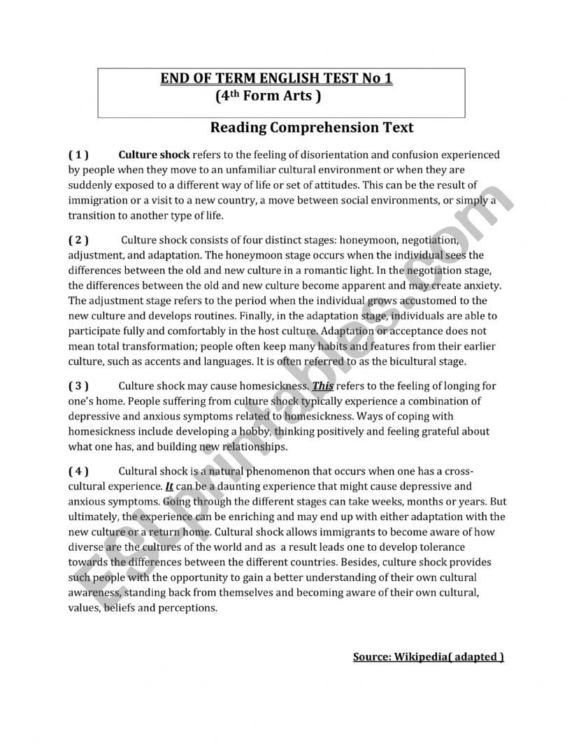 End-term test N1 Fourth form worksheet