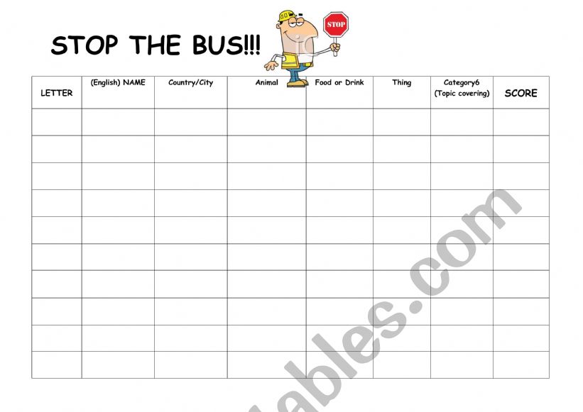 STOP THE BUS TEMPLATE worksheet