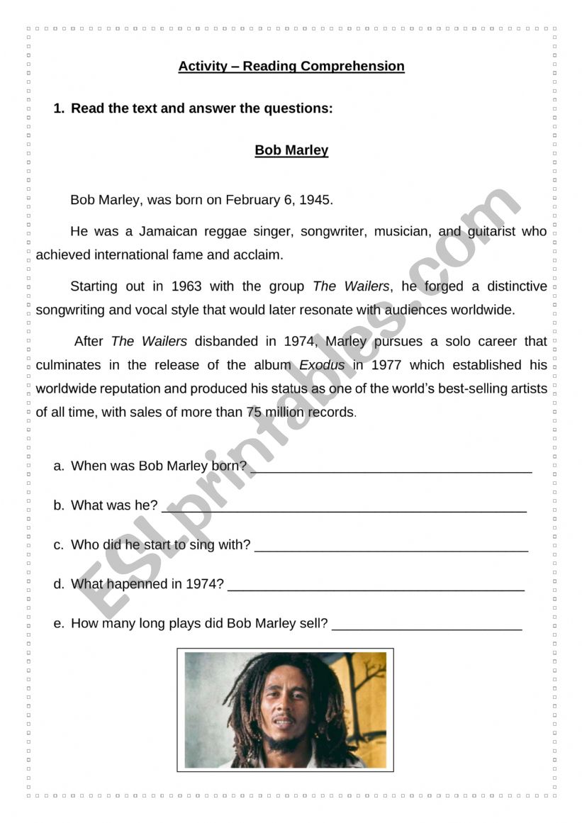 Bob Marley worksheet