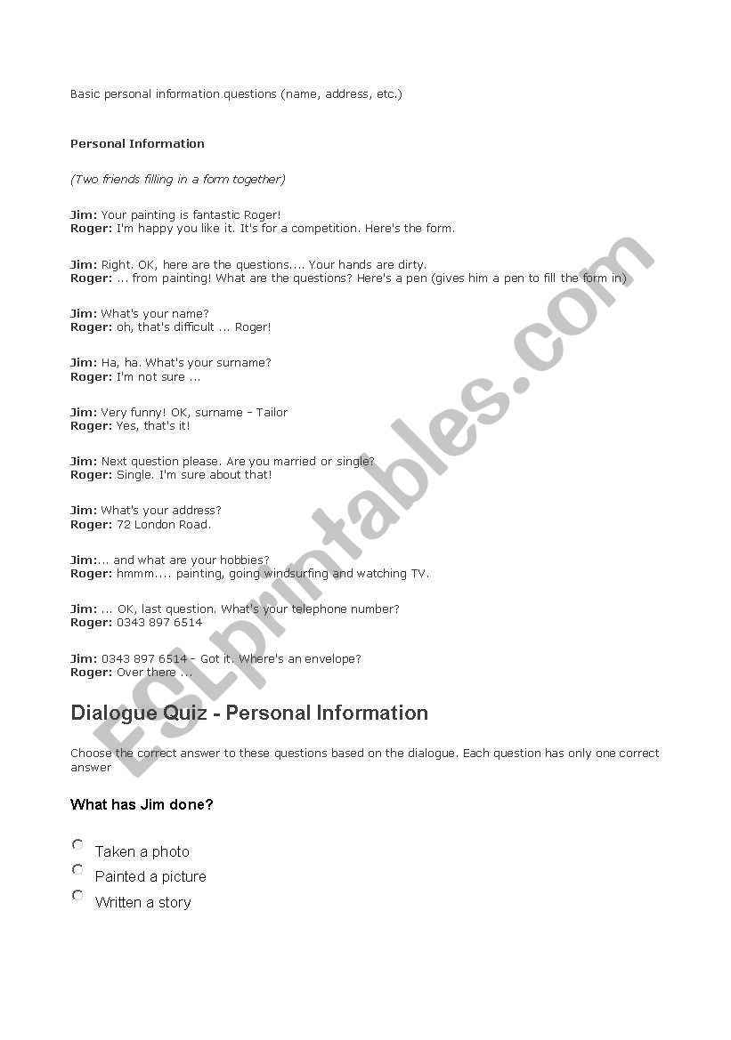 personal information worksheet