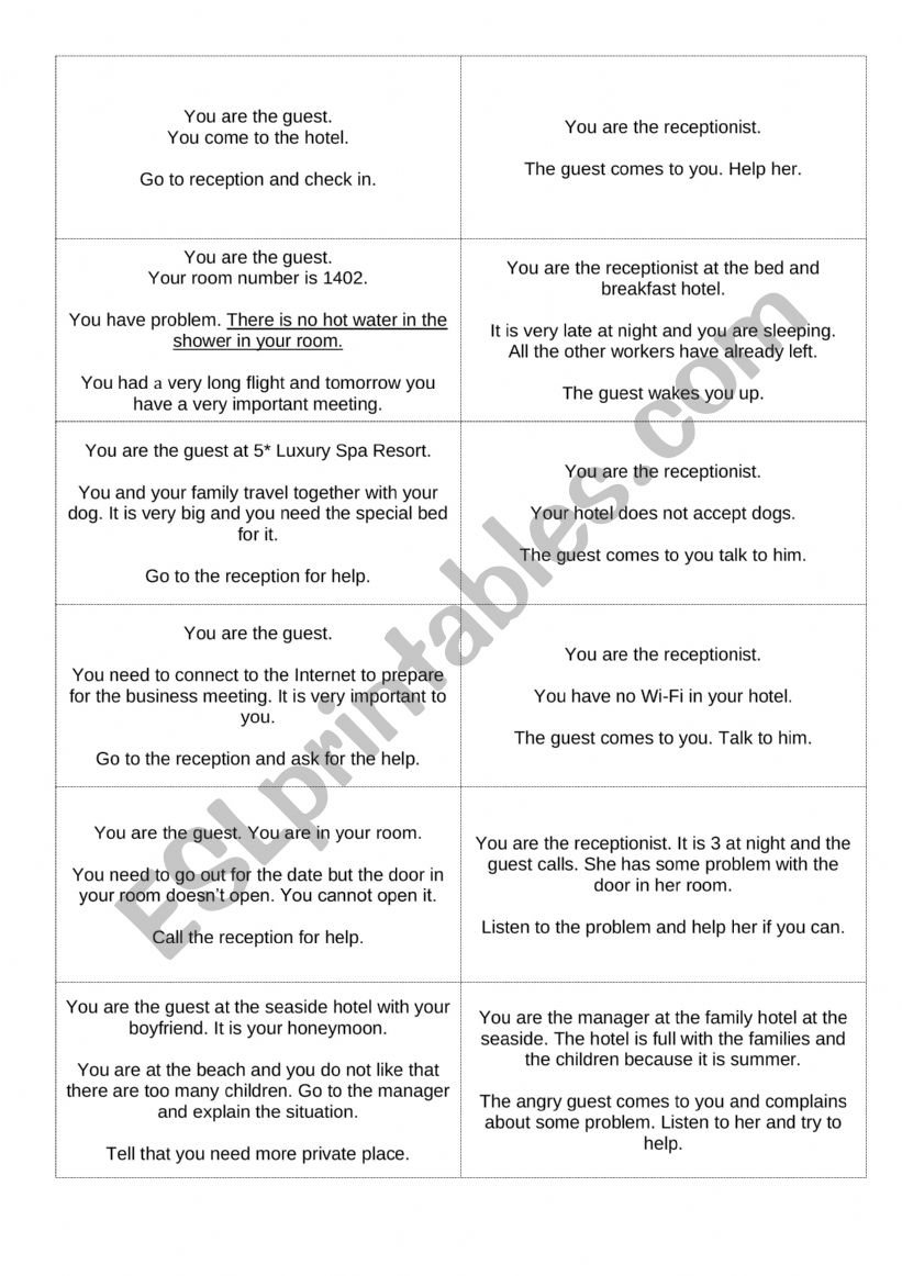 In the Hotel Role Plays  worksheet