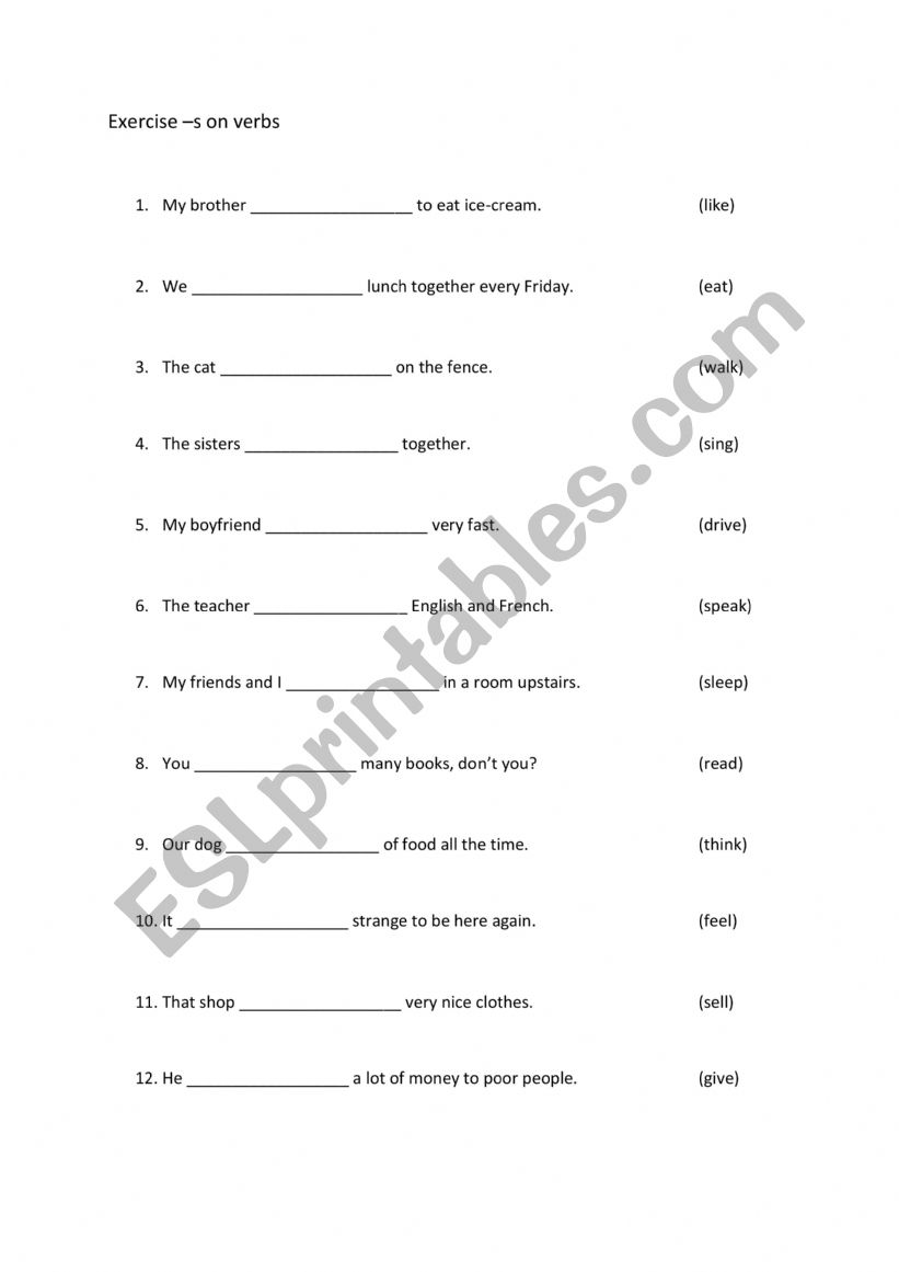 -s on verbs worksheet