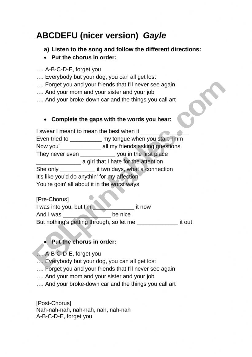 ABCDEFU Gayle song (nicer version) worksheet