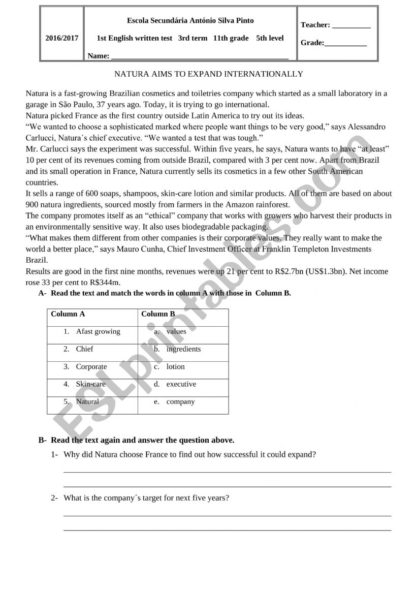 written test worksheet