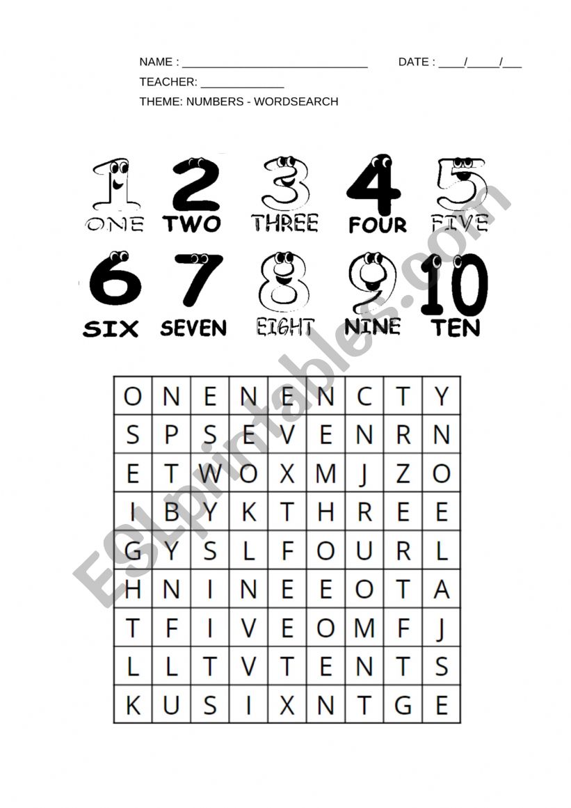 NUMBERS 1-10 - WORDSEARCH worksheet