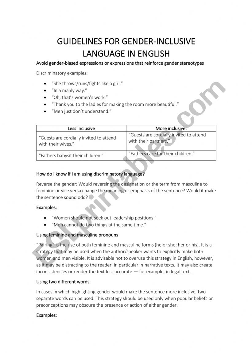 Gender inclusive language worksheet