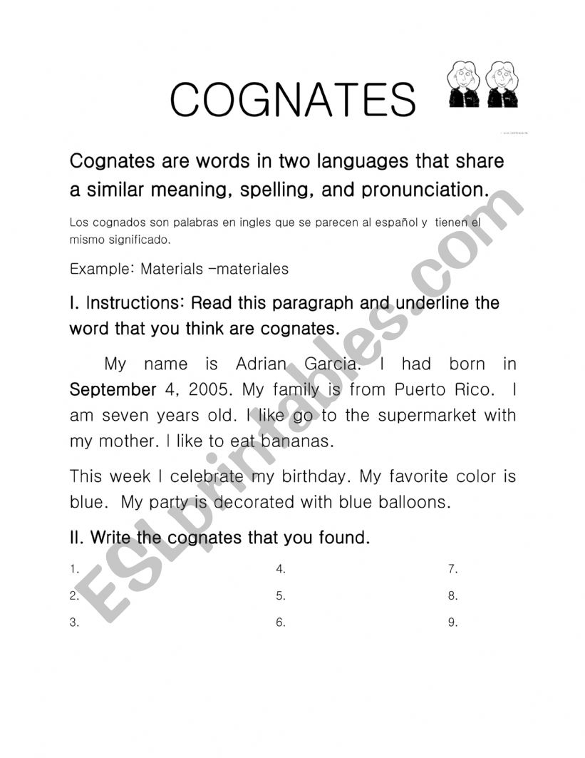 Cognates -Intermediate Level- ESL Activity