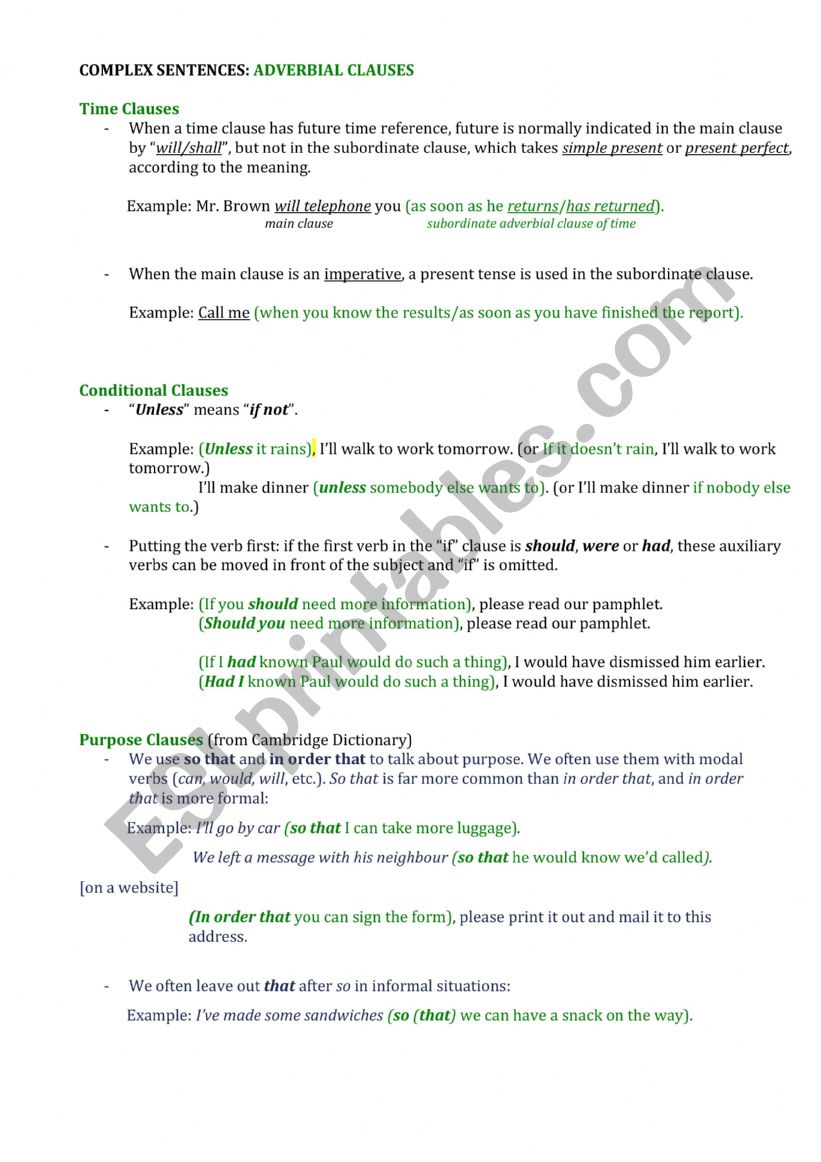 Adverbial clauses worksheet