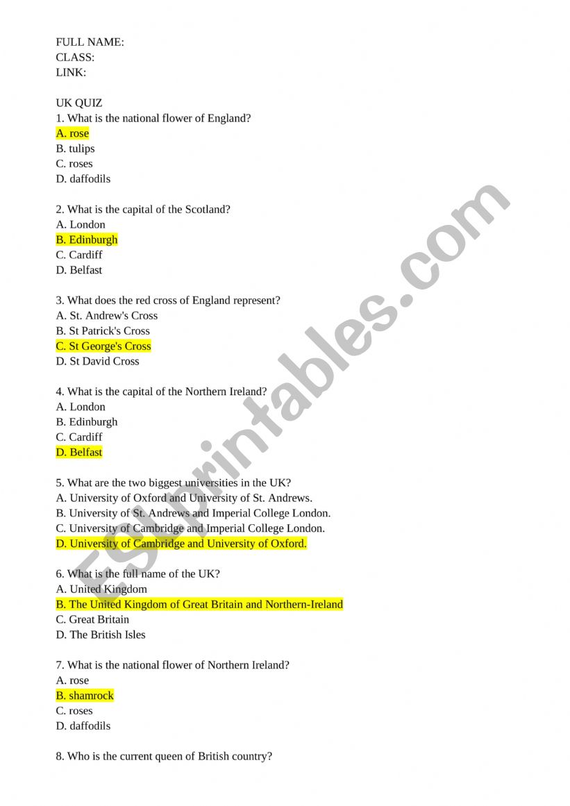 UK quiz worksheet