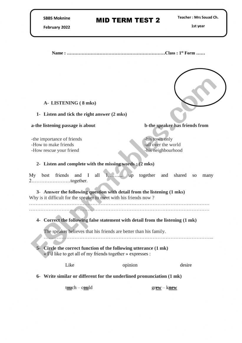 MID TERM 2 TEST 1ST FORM worksheet