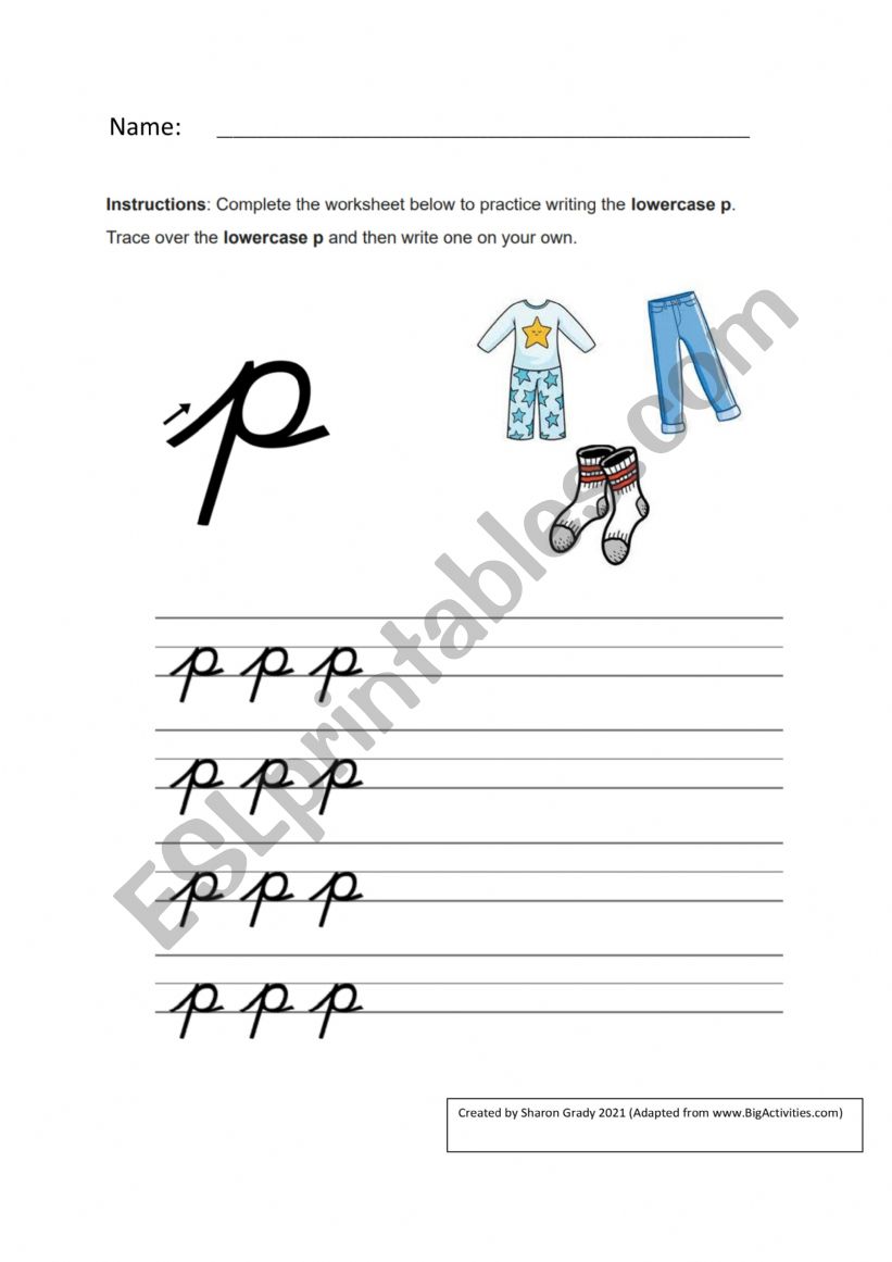 Cursive handwriting p - clothes theme