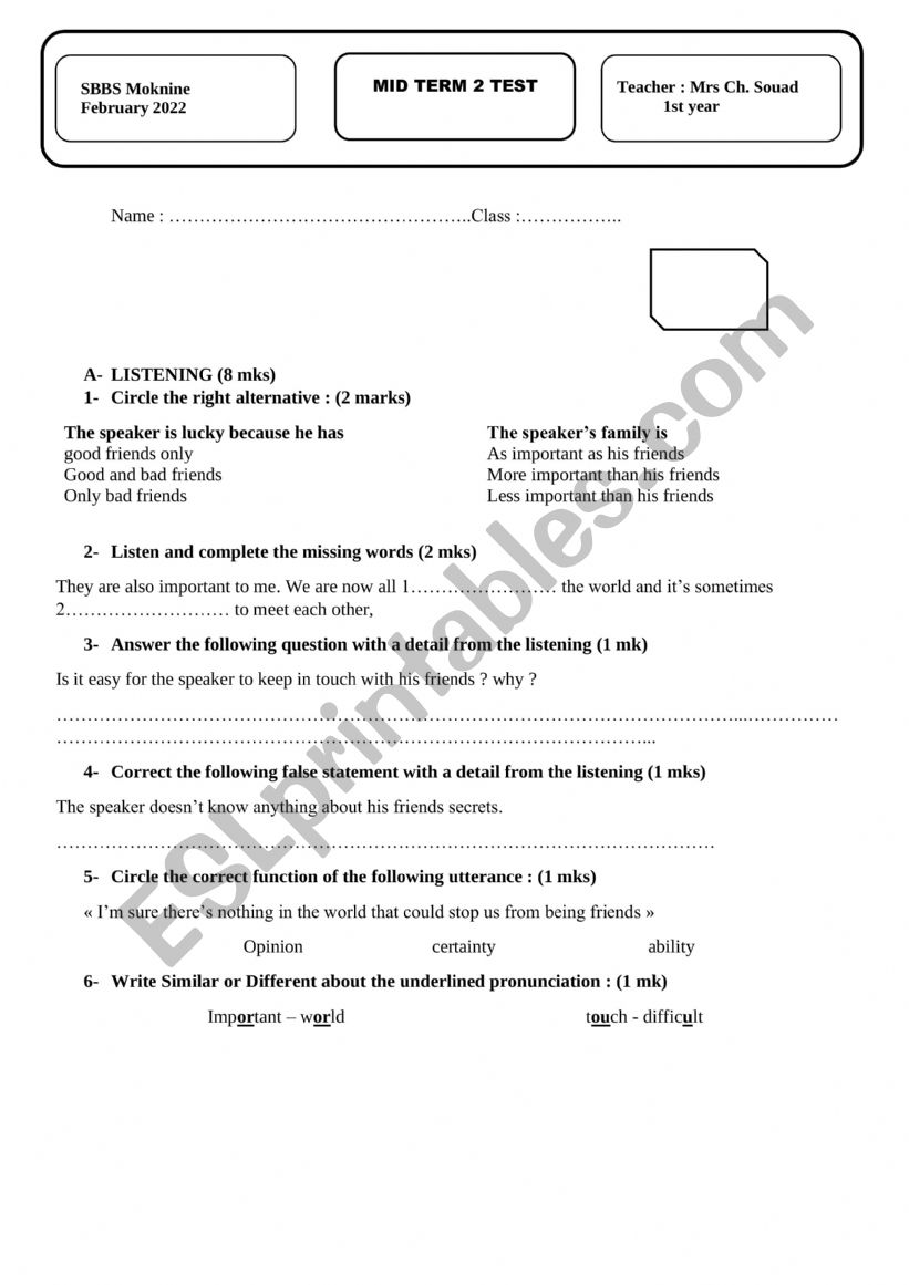 MID TER2M 2 TEST 1ST FORM TUNISIAN PROG