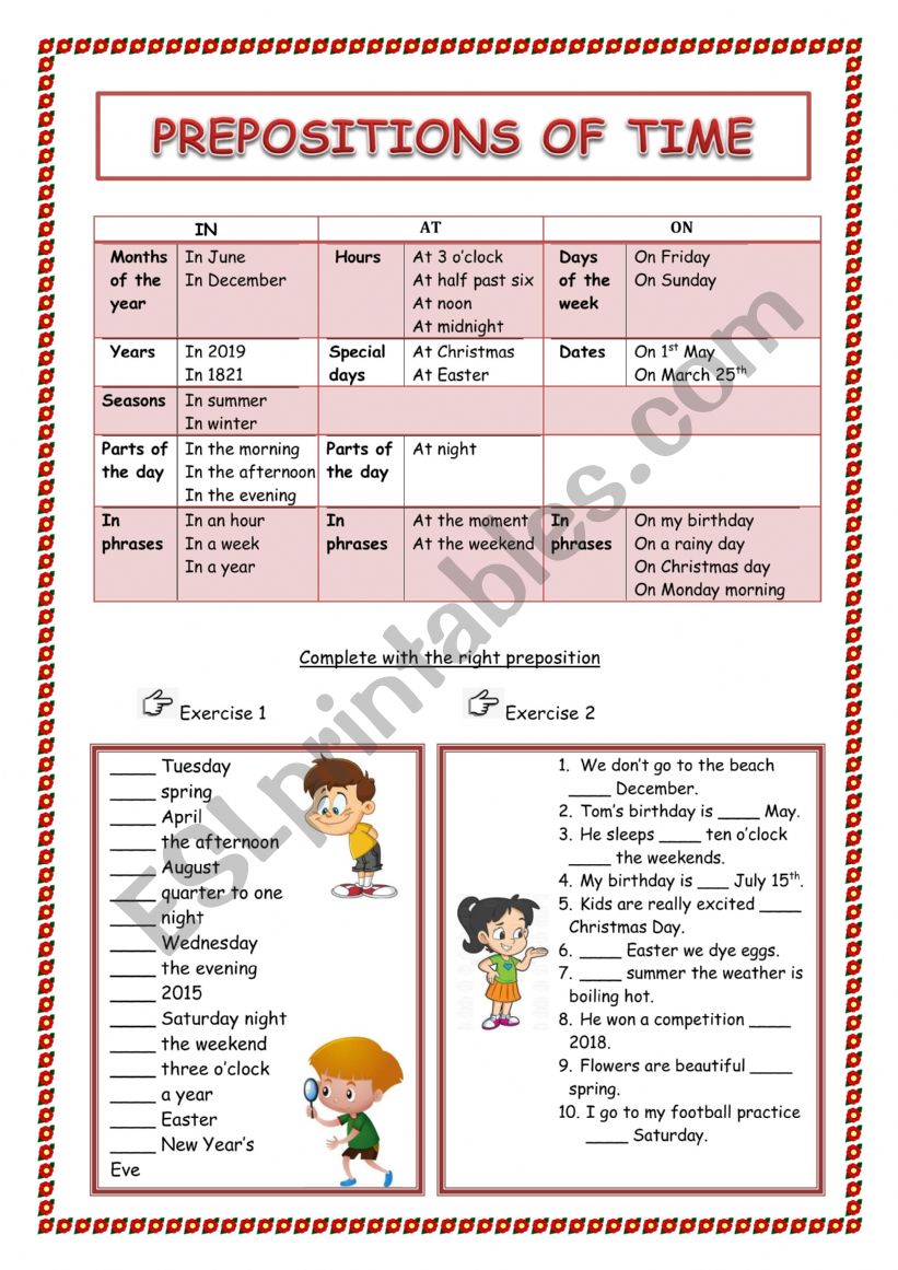 Prepositions of time worksheet