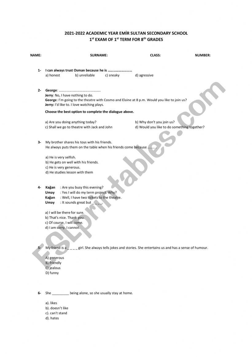 Test about parties and appearance and personality