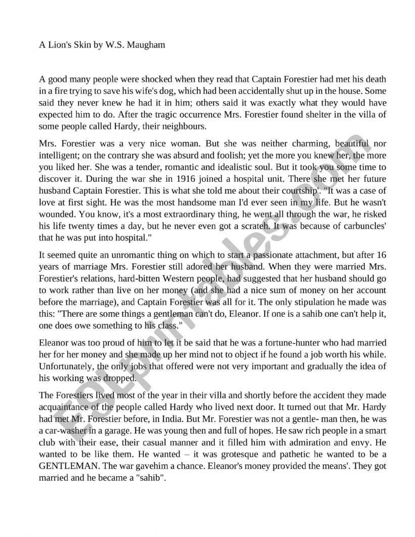 A Lions Skin by W.S.Maugham worksheet