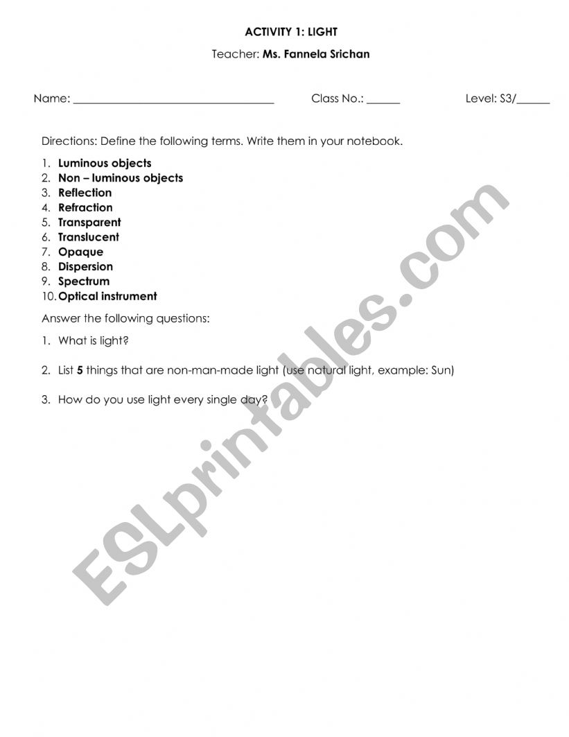 Light worksheet