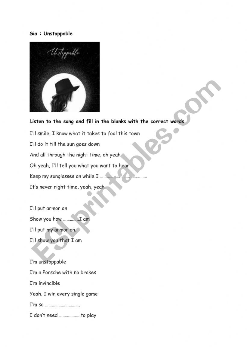 Sia: Unstoppable  worksheet