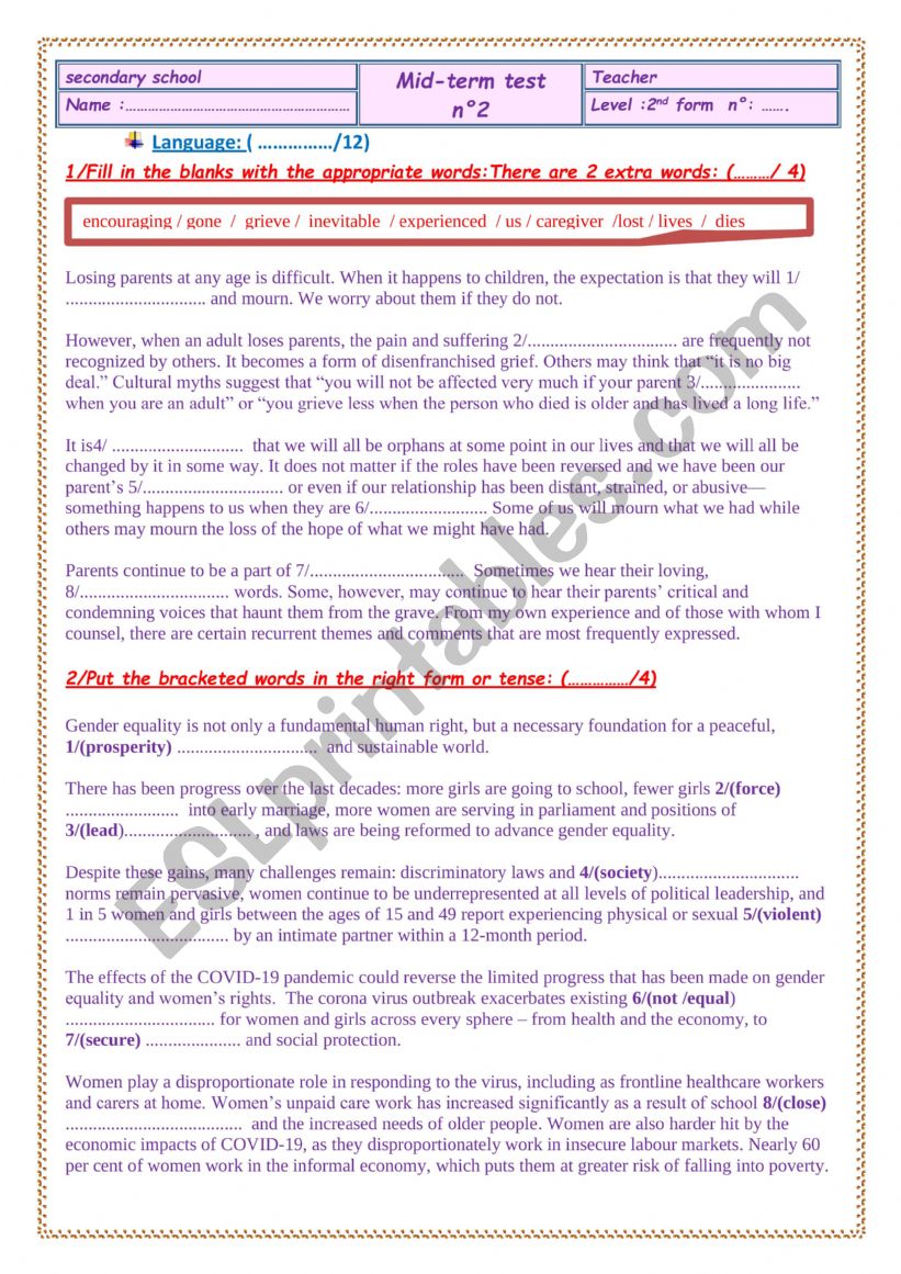 mid term test 2 second form worksheet