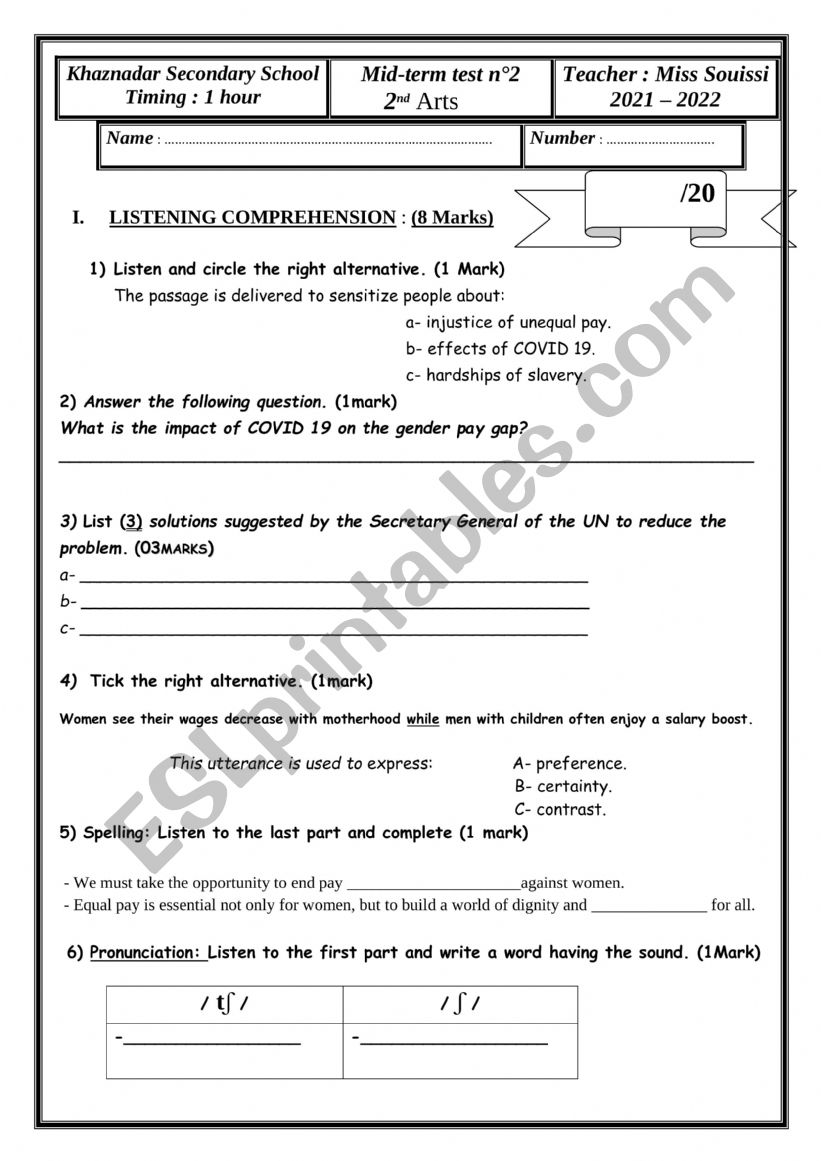 Mid-term test n2 second arts worksheet