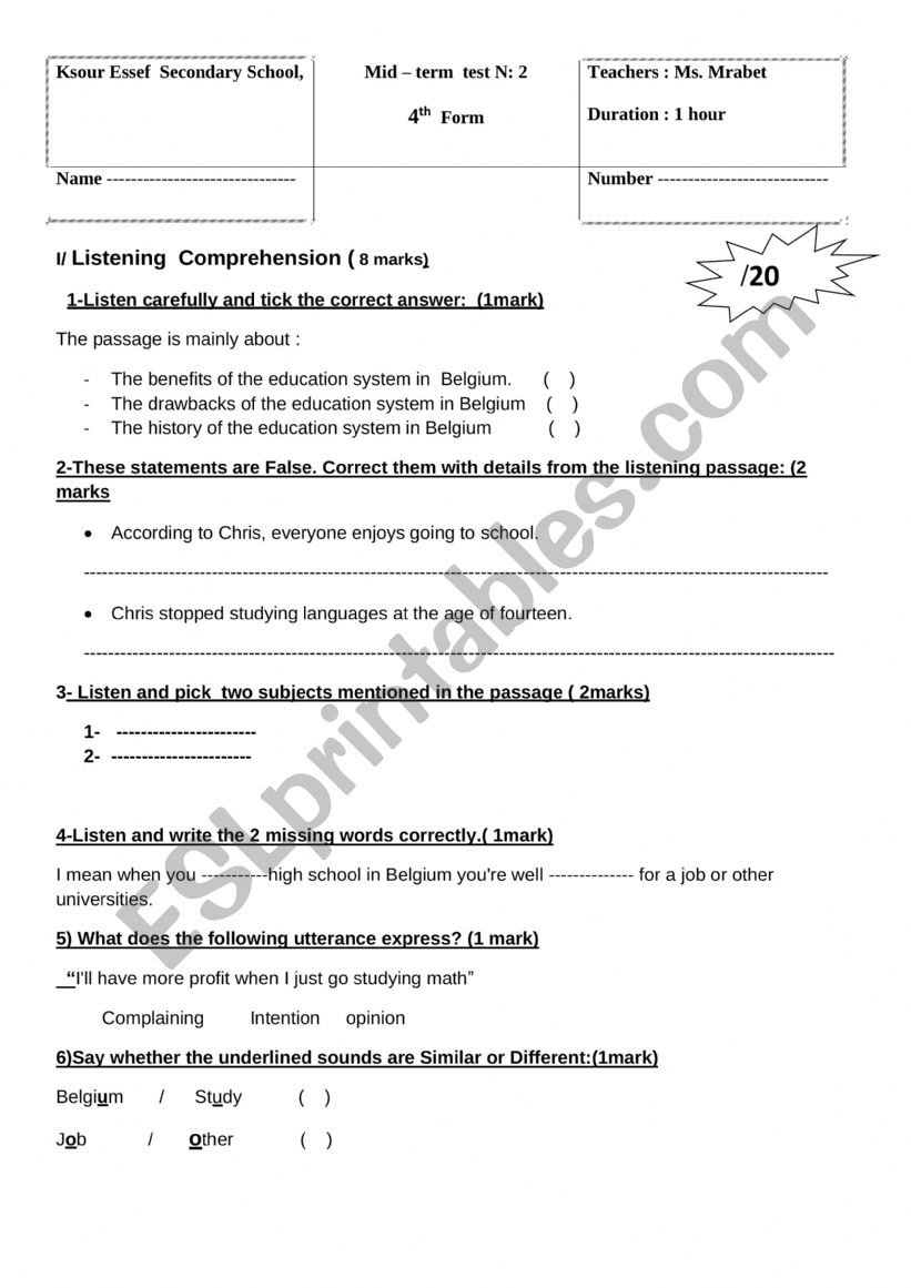 Mid Term Test 2 Bac worksheet
