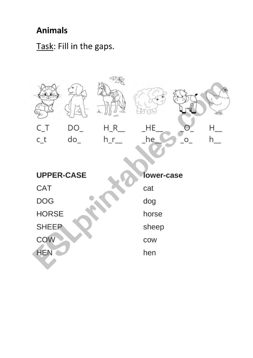 Animals (Filling in the gaps) worksheet