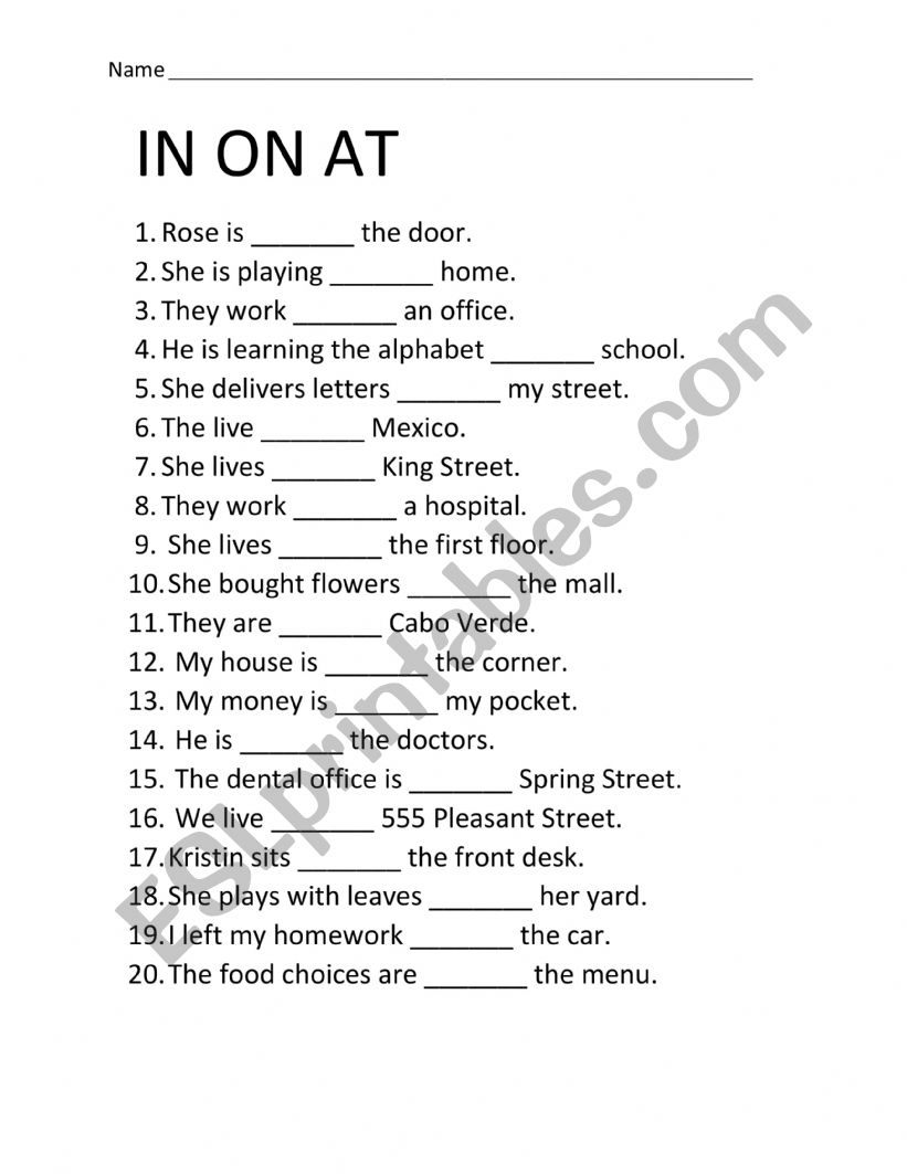 In, on, at (prepositions of place) In, on, at (prepositions of place)