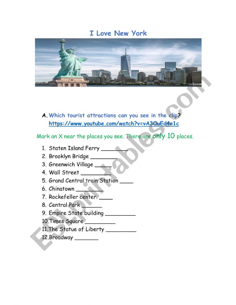I love NY worksheet