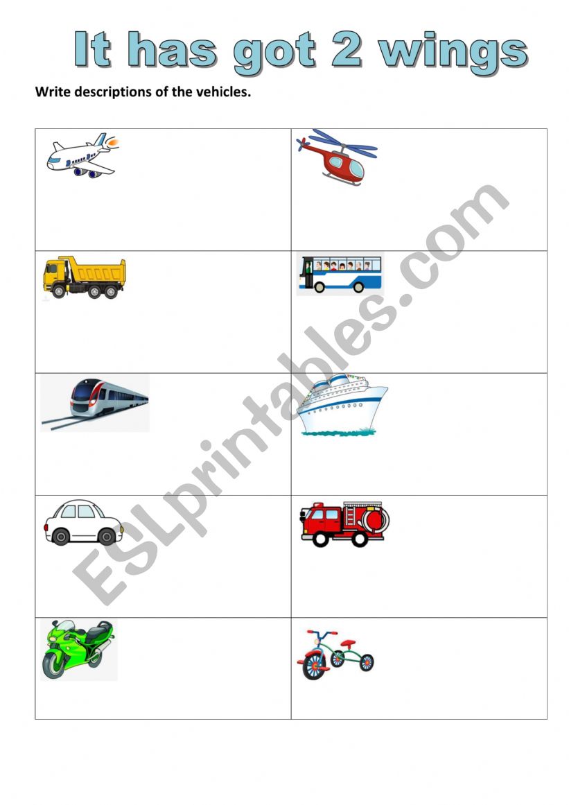 Describing Vehicles worksheet