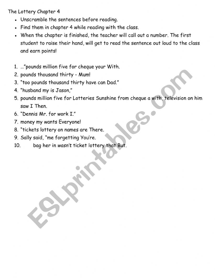 The Lottery Winner by Rosemary Border Chapter 4 Sentence Scramble + game