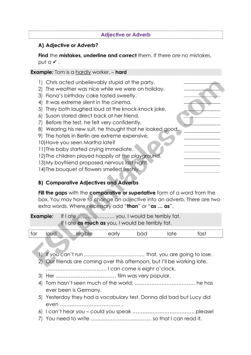 Adjective or Adverb worksheet