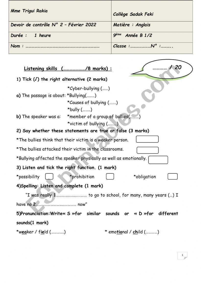 9th form test 2  worksheet