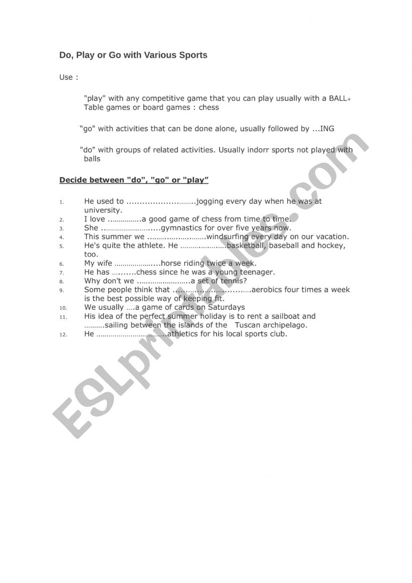 DO-PLAY-GO WITH SPORTS worksheet