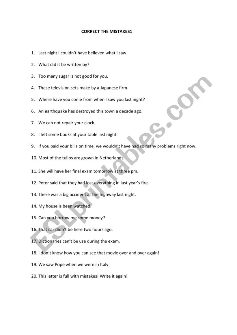 Correct the mistakes worksheet