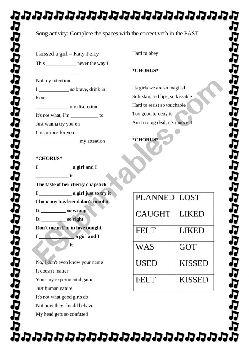 Past Simple Song  worksheet