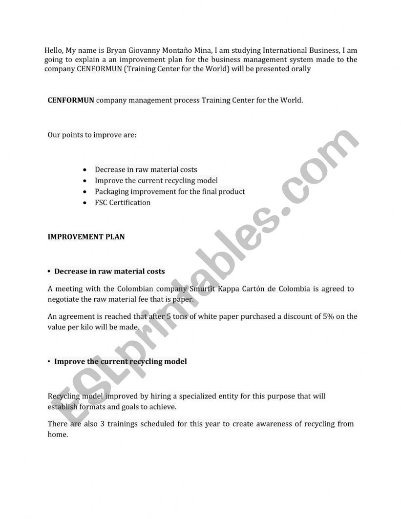 PRESENTING worksheet