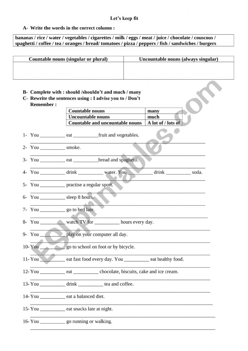 Lets keep fit worksheet