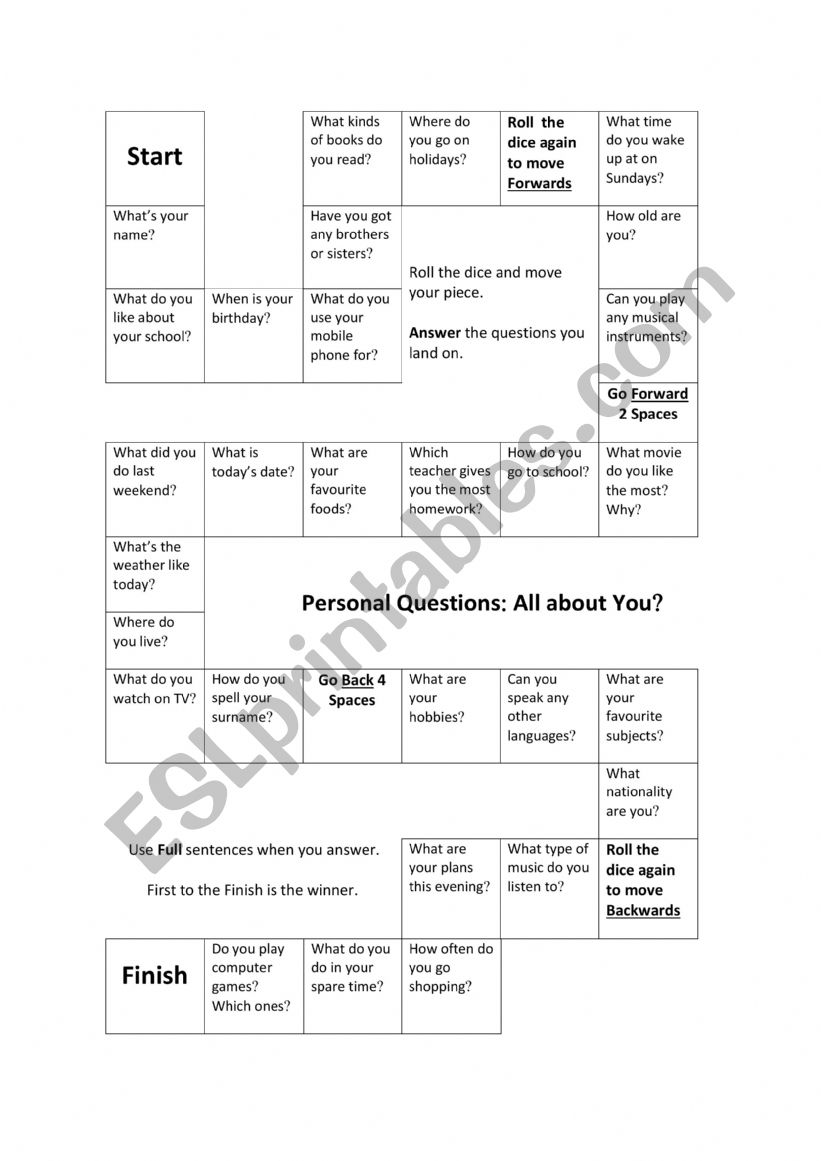 KET boardgame worksheet