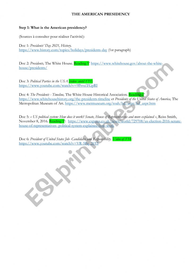 American presidency worksheet