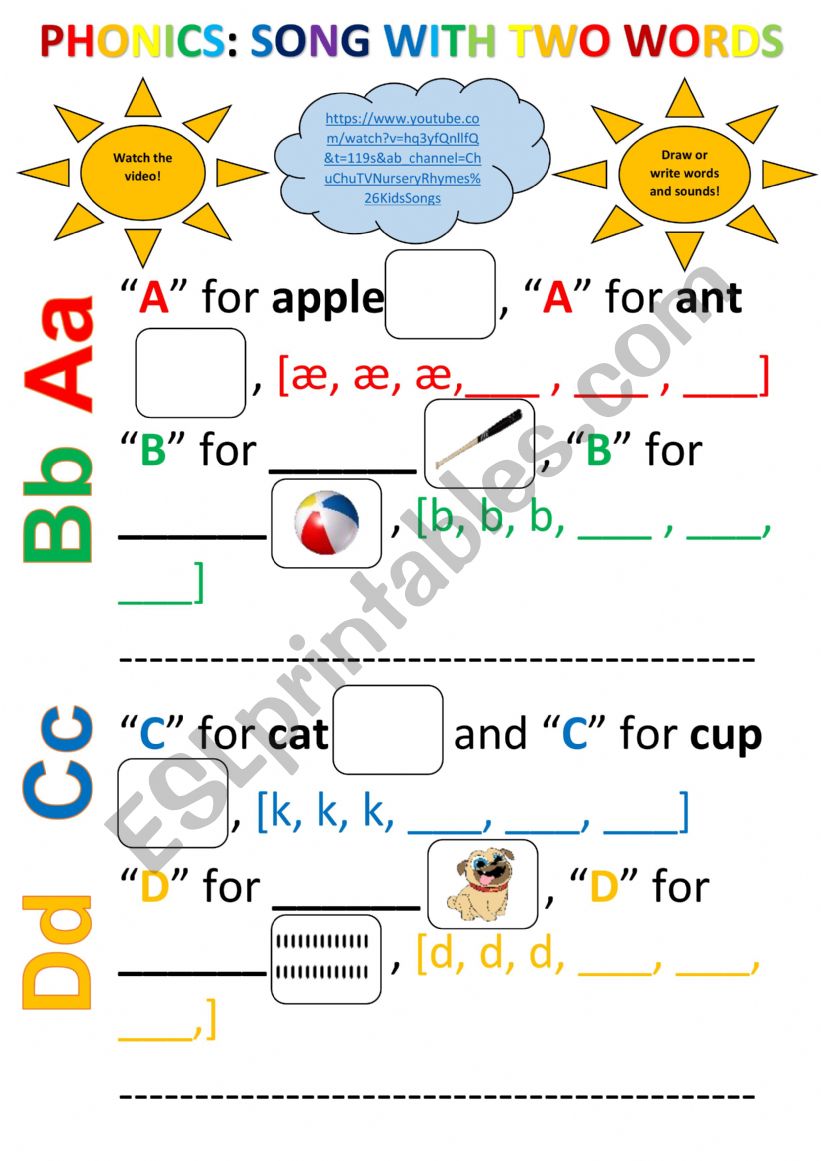 PHONICS - SONG WITH TWO WORDS worksheet