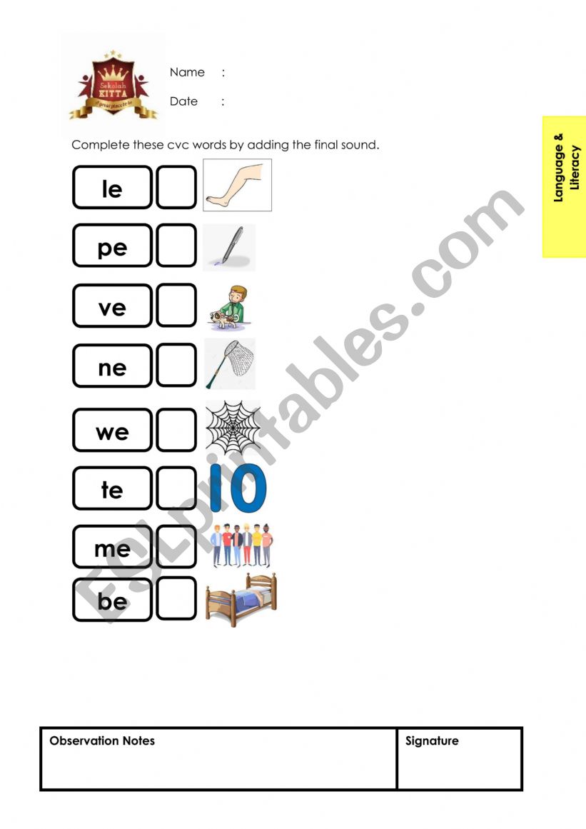 Final Sound CVC worksheet