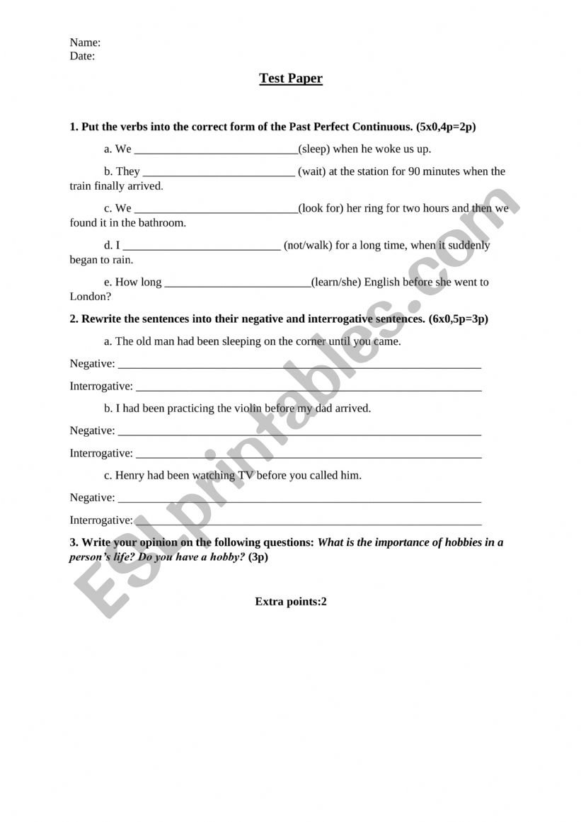 Test paper Past Perfect Continuous