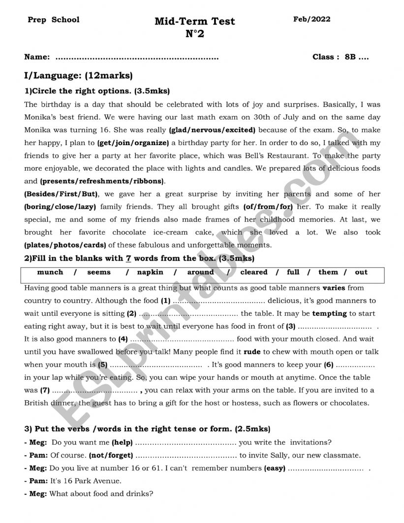 8th Mid Term Test 2 worksheet